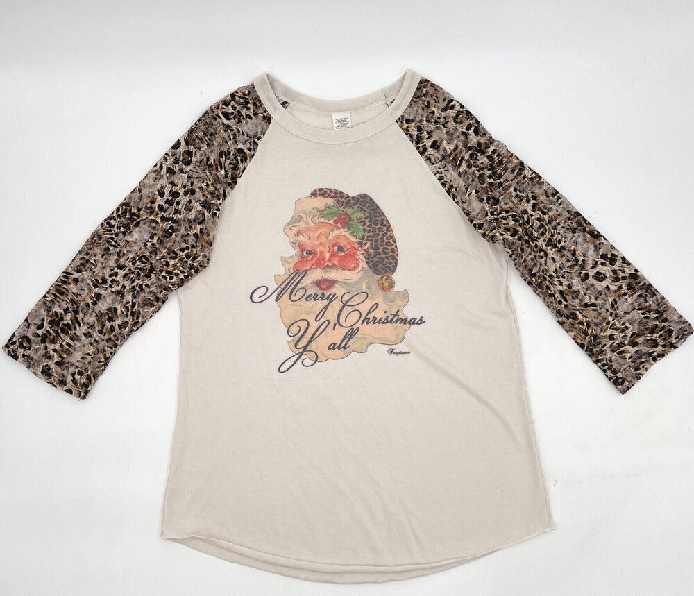 Santa Claus Shirt Womens Medium Beige Lepard Print Raglan Sleeve Pullover Graphi